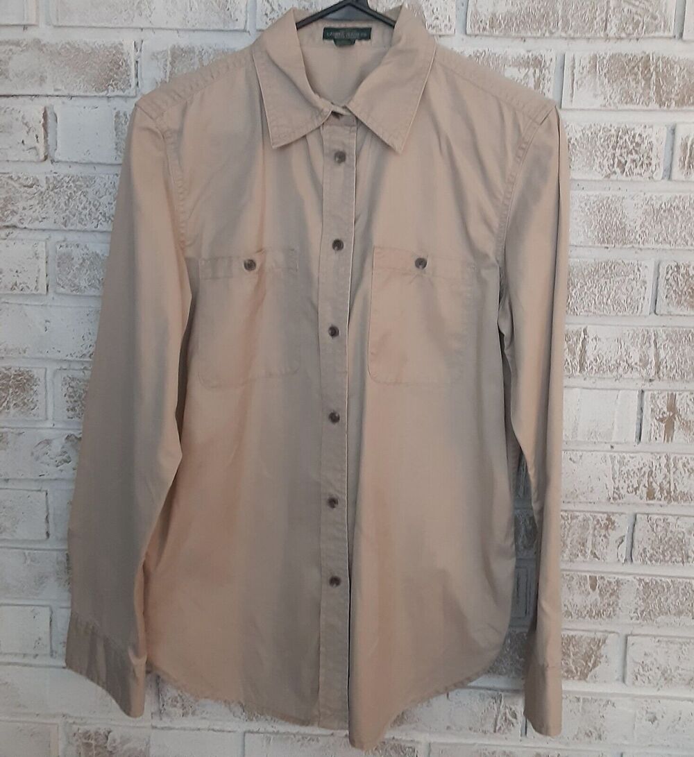 LRL Lauren Jeans Co Khaki Button Shirt sz M Timeless Core
